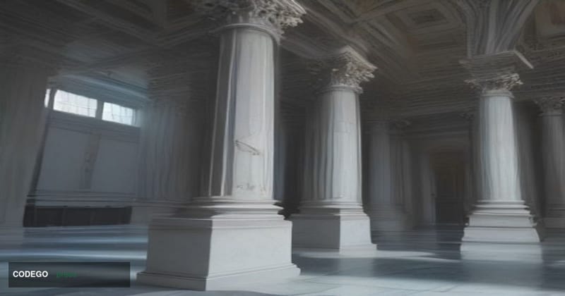 A photorealistic cinematic editorial photograph shot from a low angle looking up at the neoclassical stone facade of the Bank