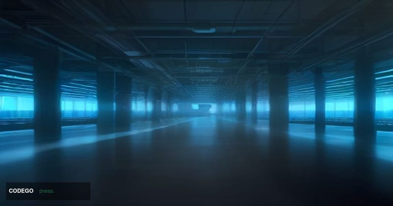 A cinematic editorial photograph set inside a vast, darkened financial data operations center, shot from a low wide-angle per