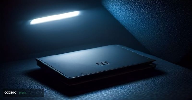 A photorealistic cinematic editorial photograph depicting a physical hardware cryptocurrency wallet device resting on a dark 