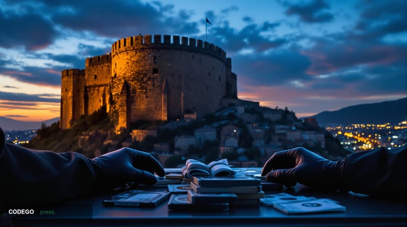 A cinematic editorial photograph set in Tbilisi, Georgia, with the iconic Narikala fortress silhouetted against a dramatic du