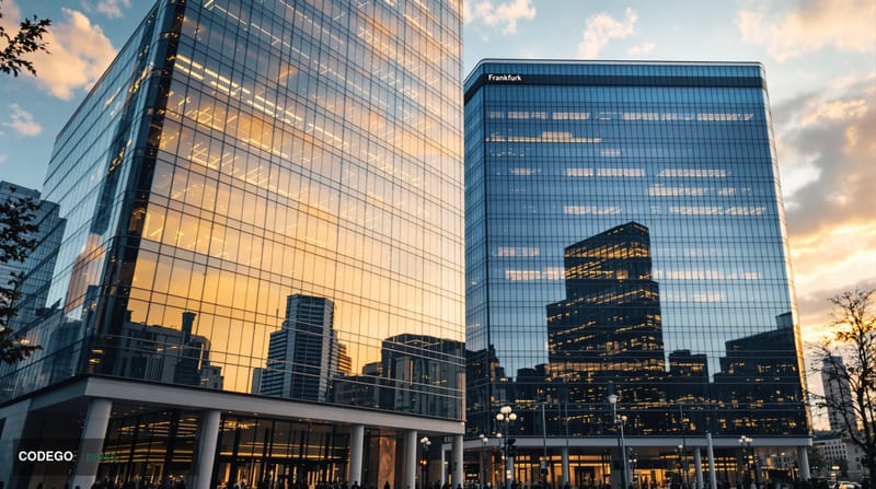 A cinematic editorial photograph depicting two imposing European bank headquarters facades — one reflecting the austere moder