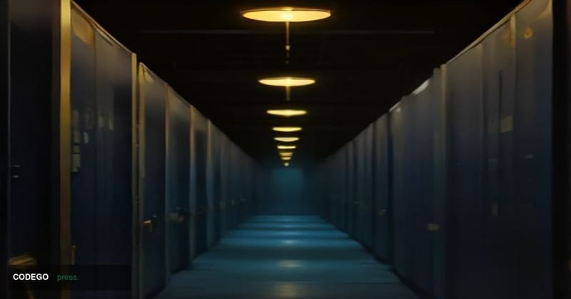 A dramatic cinematic editorial photograph set in a darkened, high-ceilinged server room corridor, shot from a low angle looki
