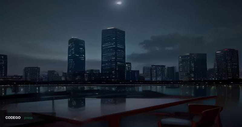 A cinematic editorial photograph set in Bangkok's financial district, with the iconic skyline of modern glass towers reflecte