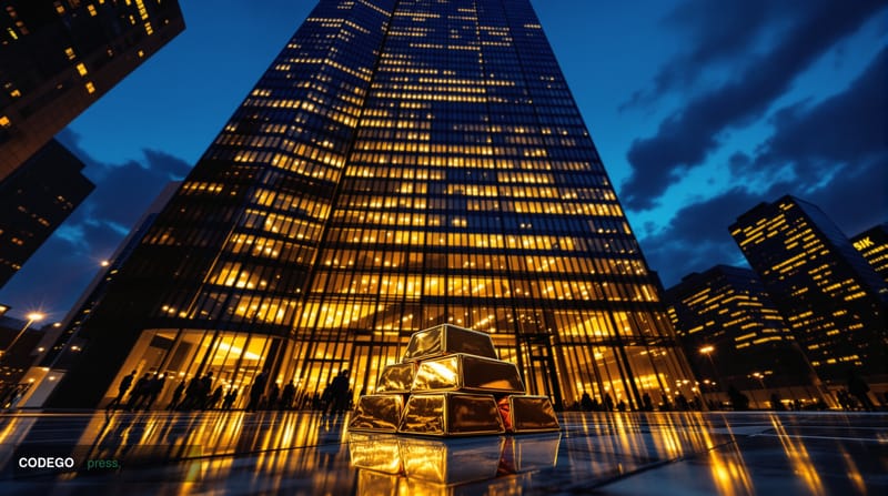 A dramatic low-angle cinematic photograph of the Goldman Sachs headquarters tower in lower Manhattan at dusk, its glass curta