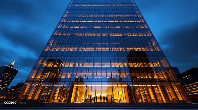 A cinematic editorial photograph of a monumental glass-and-steel financial tower on Lower Manhattan's skyline at dusk, shot f