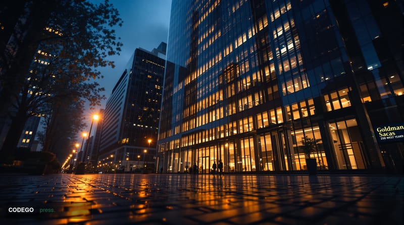 A photorealistic cinematic editorial photograph of the Goldman Sachs headquarters tower at 200 West Street in Lower Manhattan