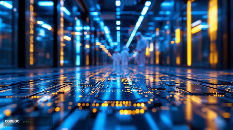A cinematic editorial photograph of a cutting-edge semiconductor fabrication facility interior, shot from a low angle looking