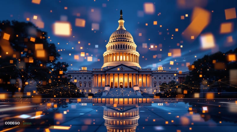 A grand neoclassical United States Capitol building exterior photographed at dusk from a low-angle perspective, the dome dram