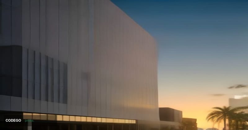 A cinematic editorial photograph of a Florida credit union branch exterior rendered as a sleek modern glass-and-concrete low-