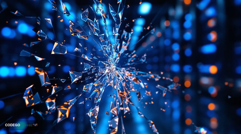 A dramatic close-up of a fractured glass panel etched with hexagonal blockchain node patterns, representing a shattered distr