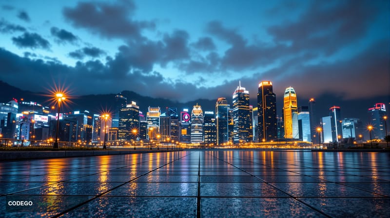 A cinematic editorial photograph of Hong Kong's iconic Central financial district skyline at dusk, viewed from the harbour wa