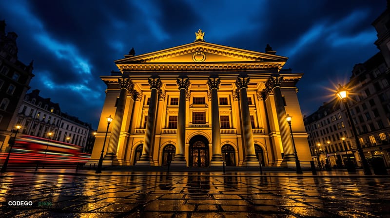 A dramatic wide-angle cinematic shot of the Bank of England's neoclassical Portland stone facade on Threadneedle Street in th