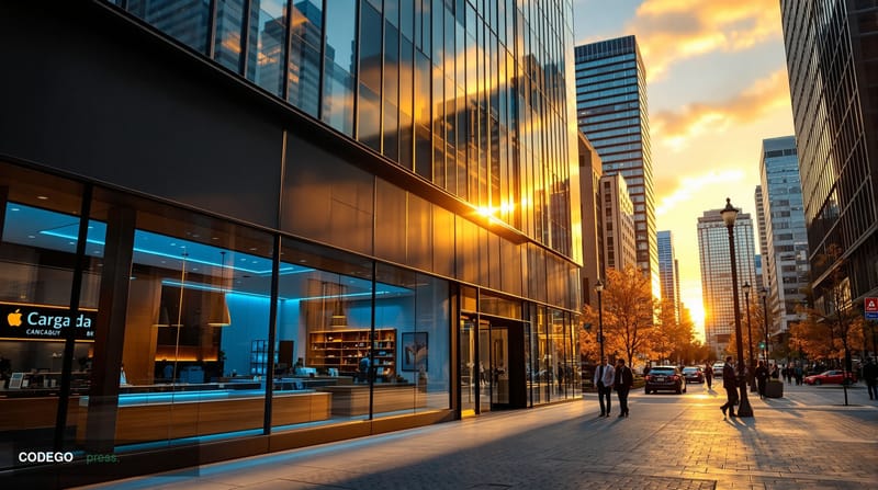 A cinematic editorial photograph of a modern Calgary downtown financial district streetscape at golden hour, viewed from a lo