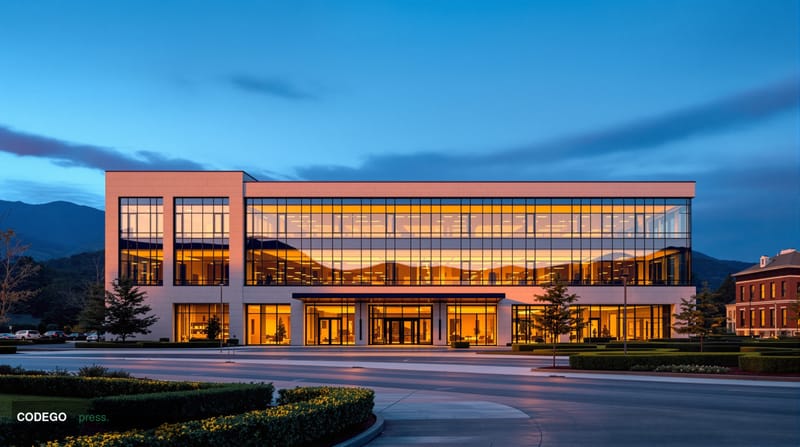 A dramatic wide-angle cinematic editorial photograph of a stately regional bank headquarters building in the Blue Ridge Mount