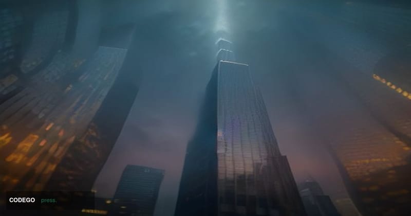 A dramatic cinematic editorial photograph set in Hong Kong's Central financial district at dusk, shot from a low angle lookin
