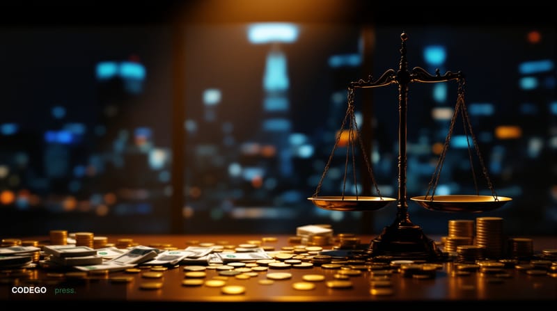 A dimly lit, high-ceilinged financial trading room interior shot from a low angle, with a single shaft of amber light cutting