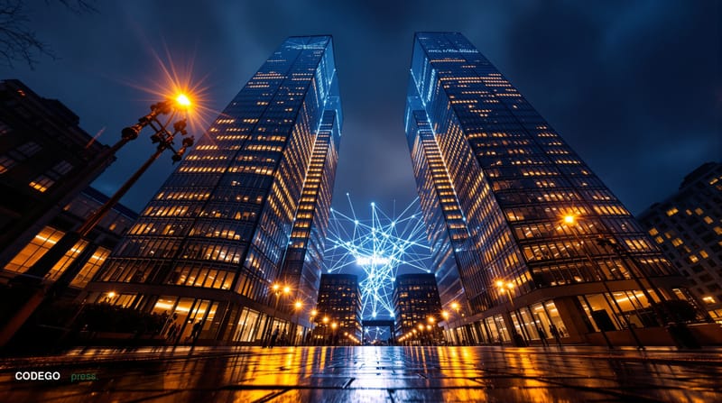A cinematic editorial photograph shot from a low angle looking upward at two monumental glass-and-steel bank towers in the Ci