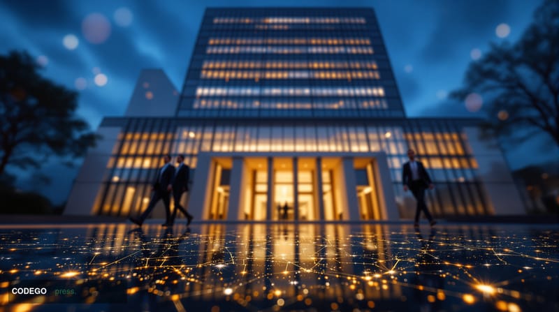 A cinematic editorial photograph shot at a low angle looking upward at a sleek Washington D.C. federal building at dusk, its 