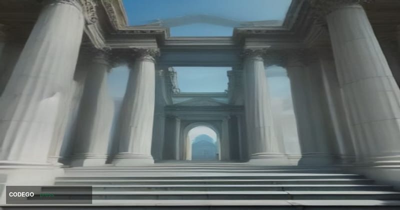 A wide-angle cinematic editorial photograph taken at ground level looking up at the façade of a grand neoclassical government