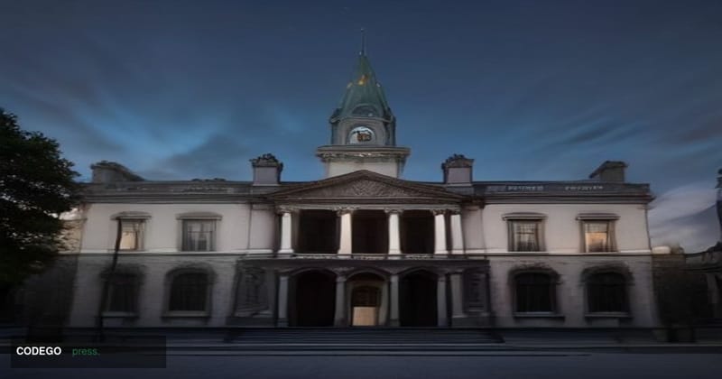 A wide-angle cinematic editorial photograph of the Irish Parliament building, Leinster House, in Dublin, captured at dusk fro