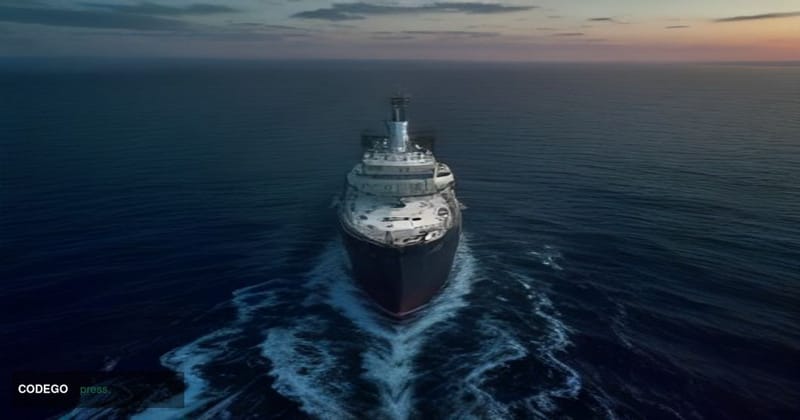 A cinematic editorial photograph shot from a low drone angle over dark, choppy Mediterranean waters at dusk, showing a large,