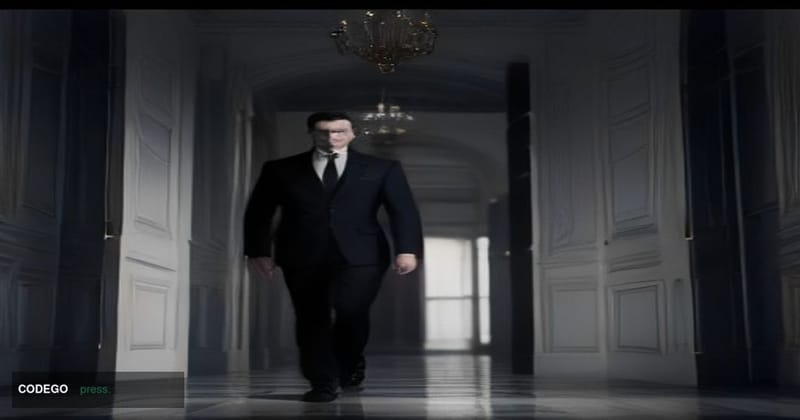 A dramatic cinematic editorial photograph set inside a grand Washington D.C. federal government corridor, featuring a tall au