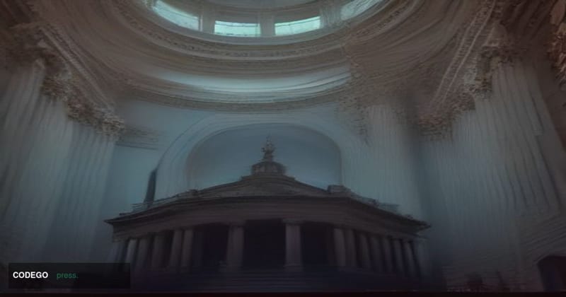 A cinematic editorial photograph shot from a low angle looking up at the grand neoclassical columns of the U.S. Capitol build