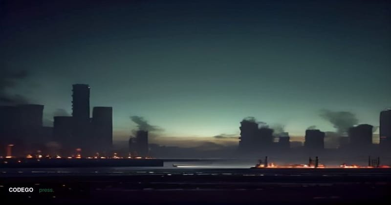 A cinematic editorial photograph depicting a split-scene composition: on the left, a bank of illuminated cryptocurrency tradi