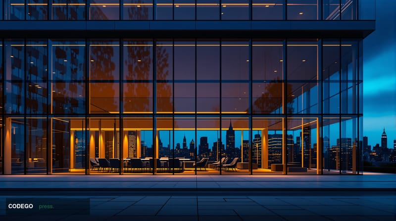 A dramatic cinematic editorial photograph of a sleek, modern Scandinavian-style corporate headquarters building at dusk, rend