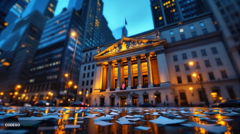 A dramatic exterior shot of the New York Stock Exchange's neoclassical stone facade on Wall Street at dusk, rendered in cinem