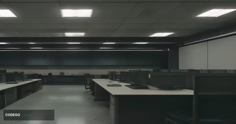 A cinematic editorial photograph of a modern open-plan fintech office interior in the foreground, with sleek glass desks and 