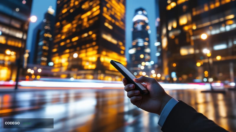 A cinematic editorial photograph set in a sleek, modern financial technology district in Shanghai or Shenzhen at dusk, with t