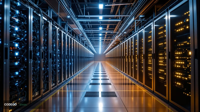 A dramatic cinematic editorial photograph inside a vast industrial data center facility undergoing visible transition: one ha