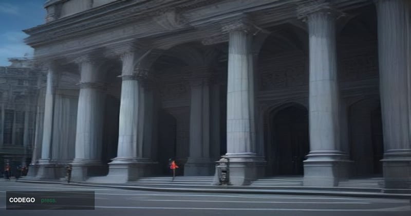 A dramatic wide-angle shot of a grand British high-street banking facade, rendered in cold slate-blue afternoon light with de