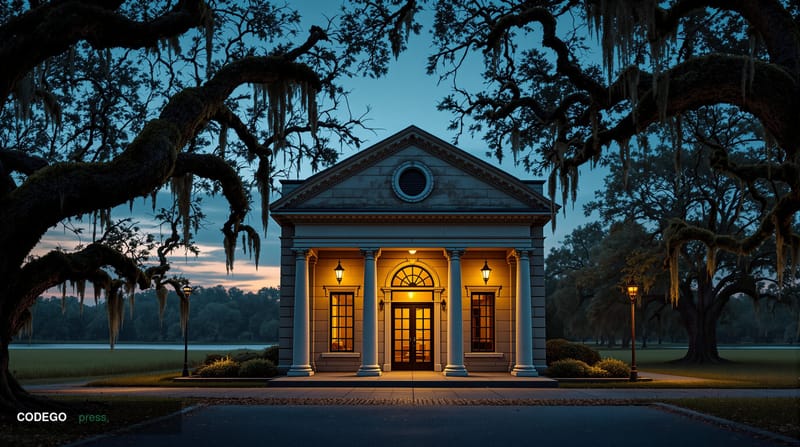 A cinematic editorial photograph of a classical American community bank building in rural Louisiana, shot from a low angle at