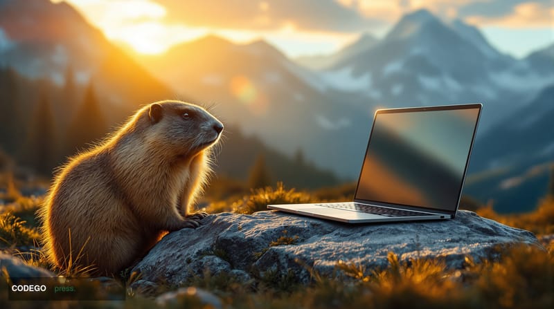 A cinematic editorial photograph shot at ground level in a mountain meadow at golden hour, with a large marmot in sharp focus
