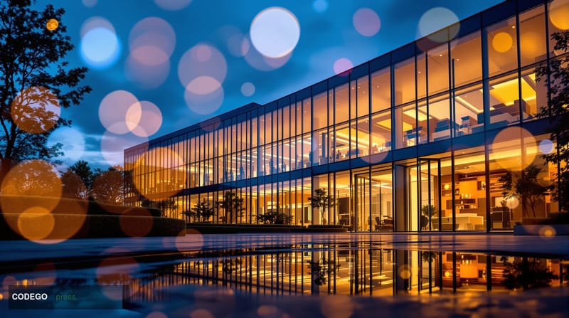 A dramatic exterior shot of Mastercard's corporate headquarters campus in Purchase, New York, photographed at dusk from a low