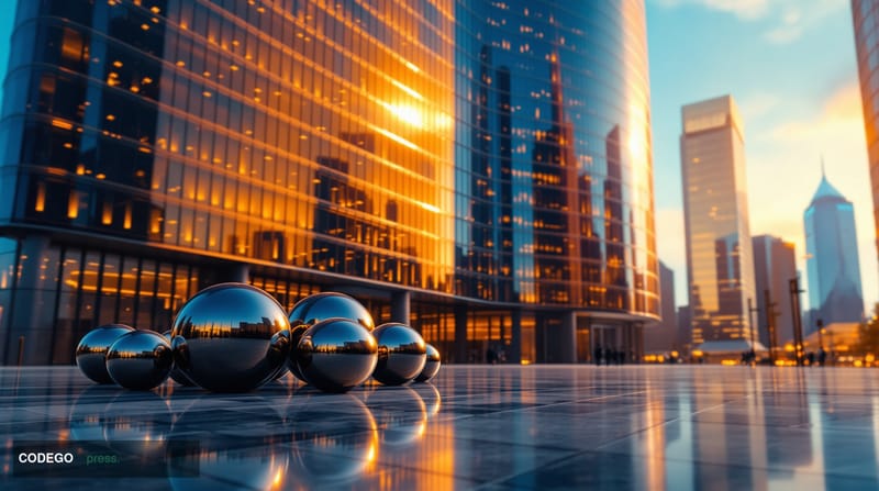 A cinematic editorial photograph shot at ground level looking up at a sleek, modernist global financial headquarters campus —