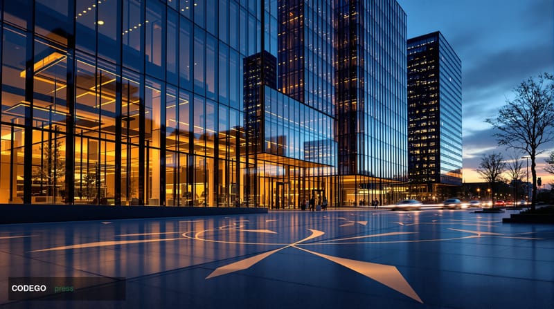 A cinematic editorial photograph depicting the exterior of a sleek, modern corporate financial campus at dusk, representing a