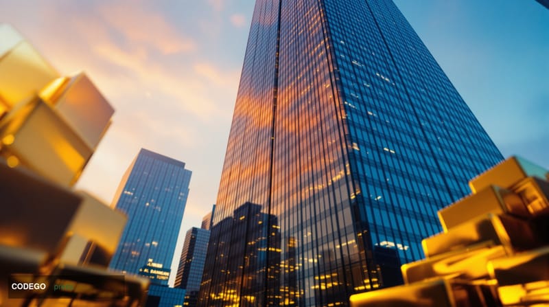 A photorealistic editorial photograph shot from a low angle looking up at the glass-and-steel façade of a modern Tokyo financ
