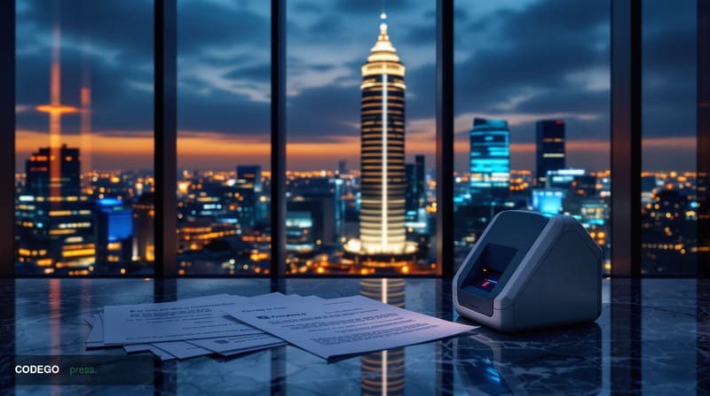 A cinematic editorial photograph set in Mexico City's financial district at dusk, with the iconic Torre Mayor skyscraper visi