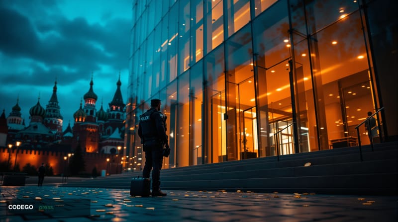 Cinematic editorial photograph taken at street level in central Moscow at dusk, featuring the recognizable Kremlin towers and
