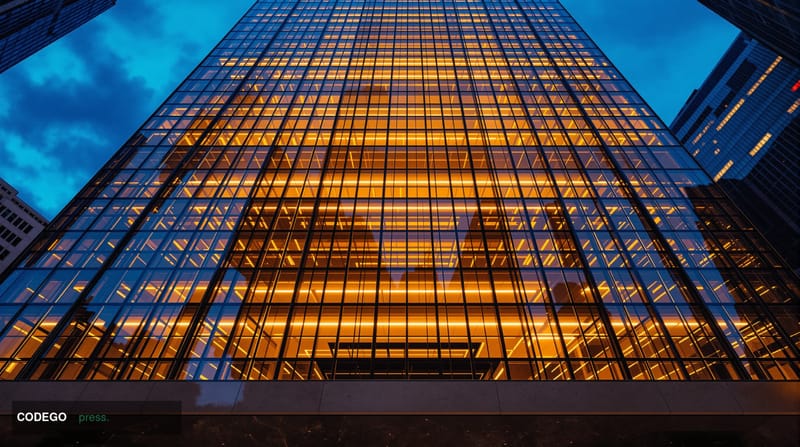 A cinematic photorealistic editorial photograph shot from a low-angle perspective looking up at the glass-and-steel facade of