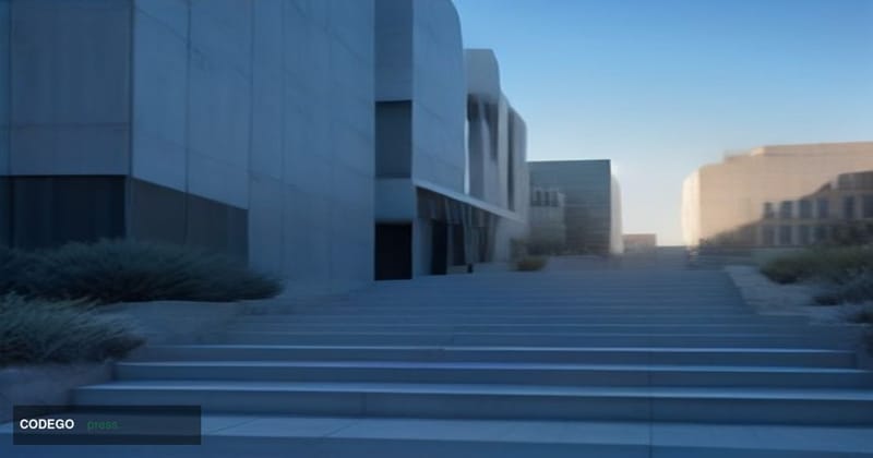 A federal courthouse exterior in the Nevada desert at dusk, its brutalist concrete and glass facade catching the last amber r