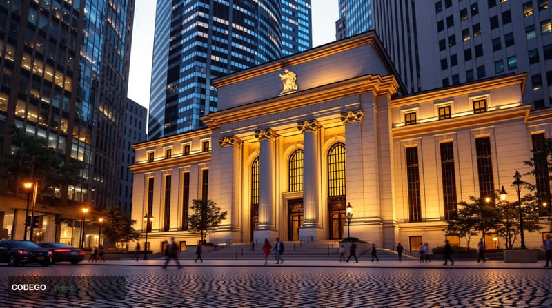 A commanding wide-angle shot of the Federal Reserve Bank of New York's imposing Florentine Renaissance limestone and sandston