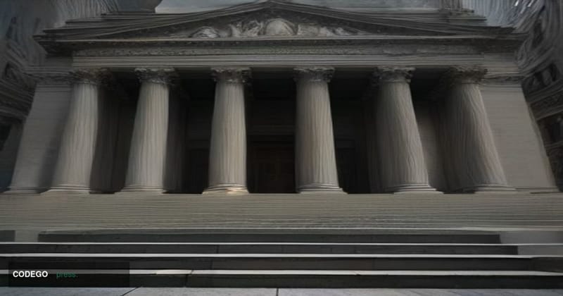 A photorealistic cinematic editorial photograph set outside the New York State Supreme Court building in Lower Manhattan, its