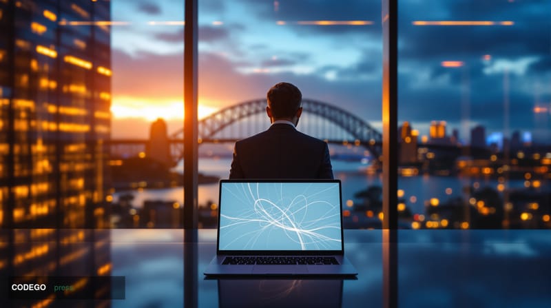 A cinematic editorial photograph set in Sydney, Australia, with the iconic Harbour Bridge and Opera House visible in the soft