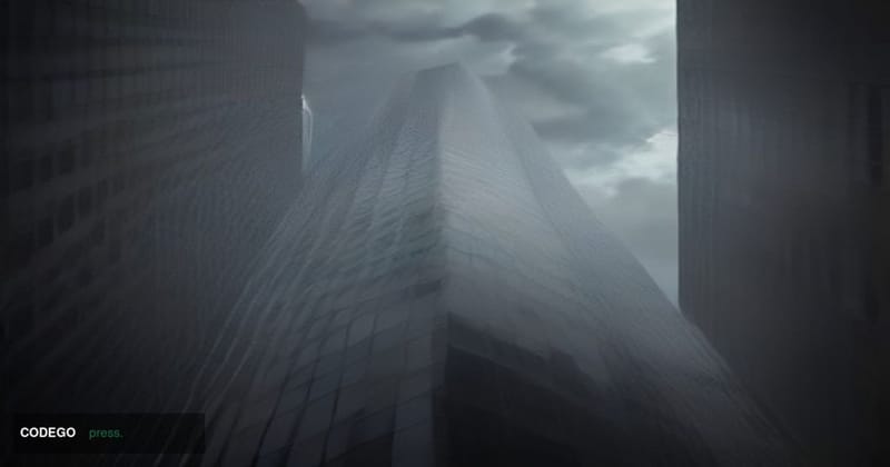 A cinematic editorial photograph taken from a low angle looking up at the glass-and-steel facade of a major financial institu