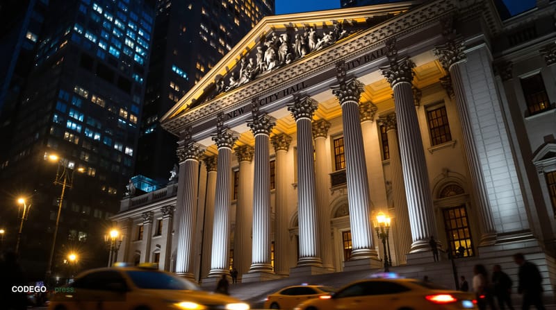 A wide-angle cinematic editorial photograph of New York City Hall's iconic neoclassical facade at dusk, shot from a low angle