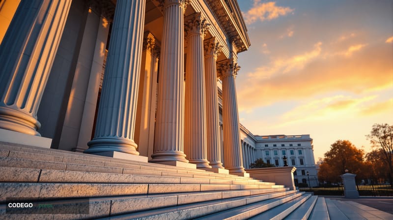 A wide-angle cinematic shot of the exterior of a grand neoclassical federal government building in Washington D.C., likely re